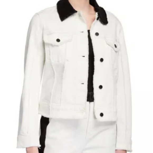 Frame Block Denim Jacket Contrast Collar XS White Black Raw Hem - Picture 2 of 6